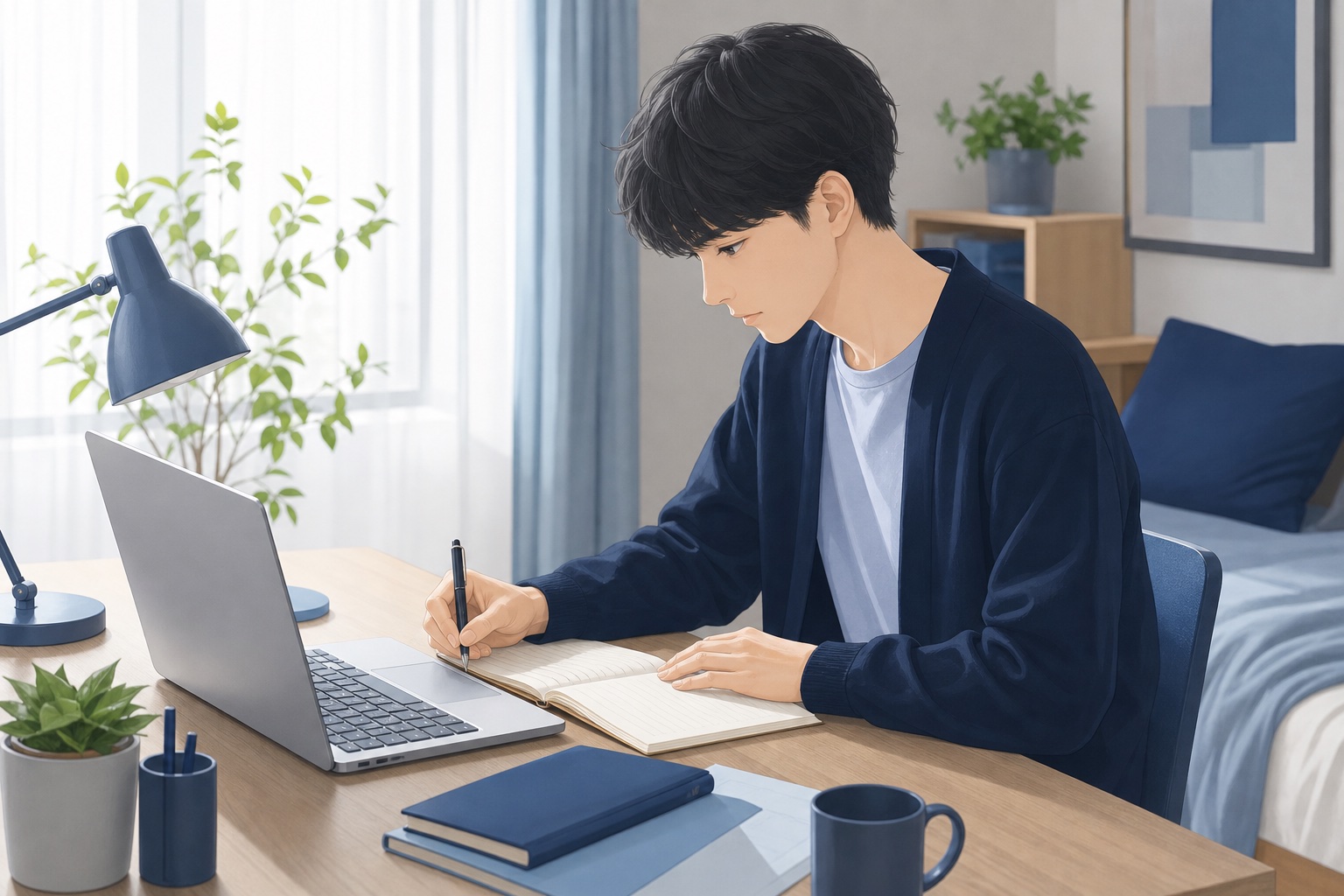 ノートパソコンとノートを前に企業研究をしながらメモを取る就活生風の若者のイラスト