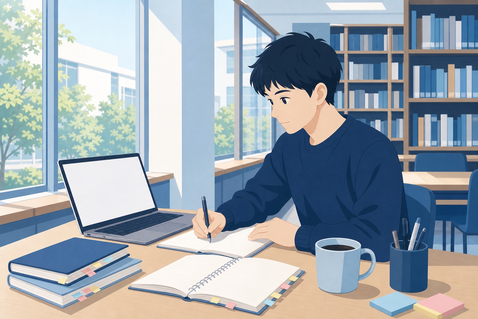 大学図書館でノートパソコンと企業研究ノートを広げて就職活動の対策をする就活生のイラスト