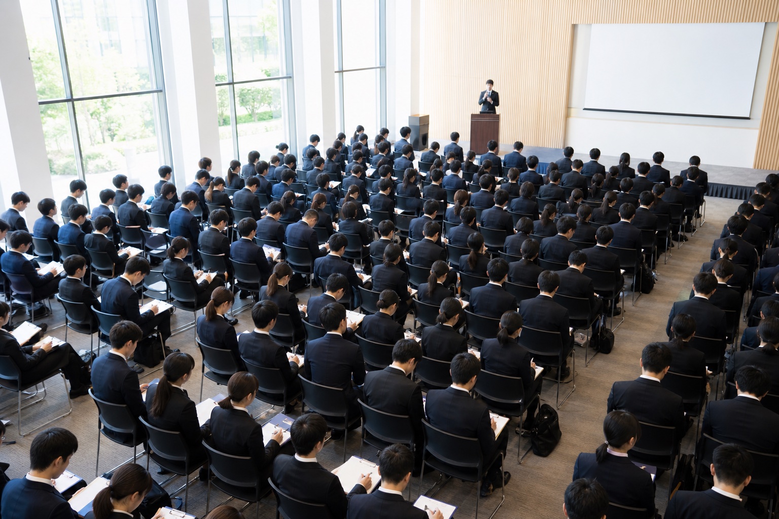 合同企業説明会の会場で登壇者の話を聞きながらメモを取る大勢の就活生