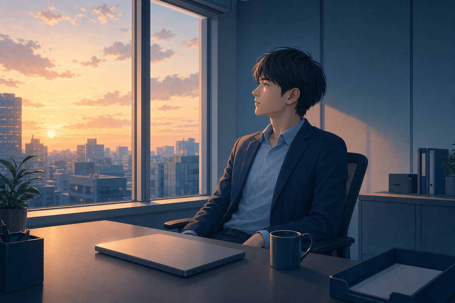 夕方のオフィスで会議を終えた社会人が窓の外を見つめ、疲れをにじませながら一息ついている様子のイラスト