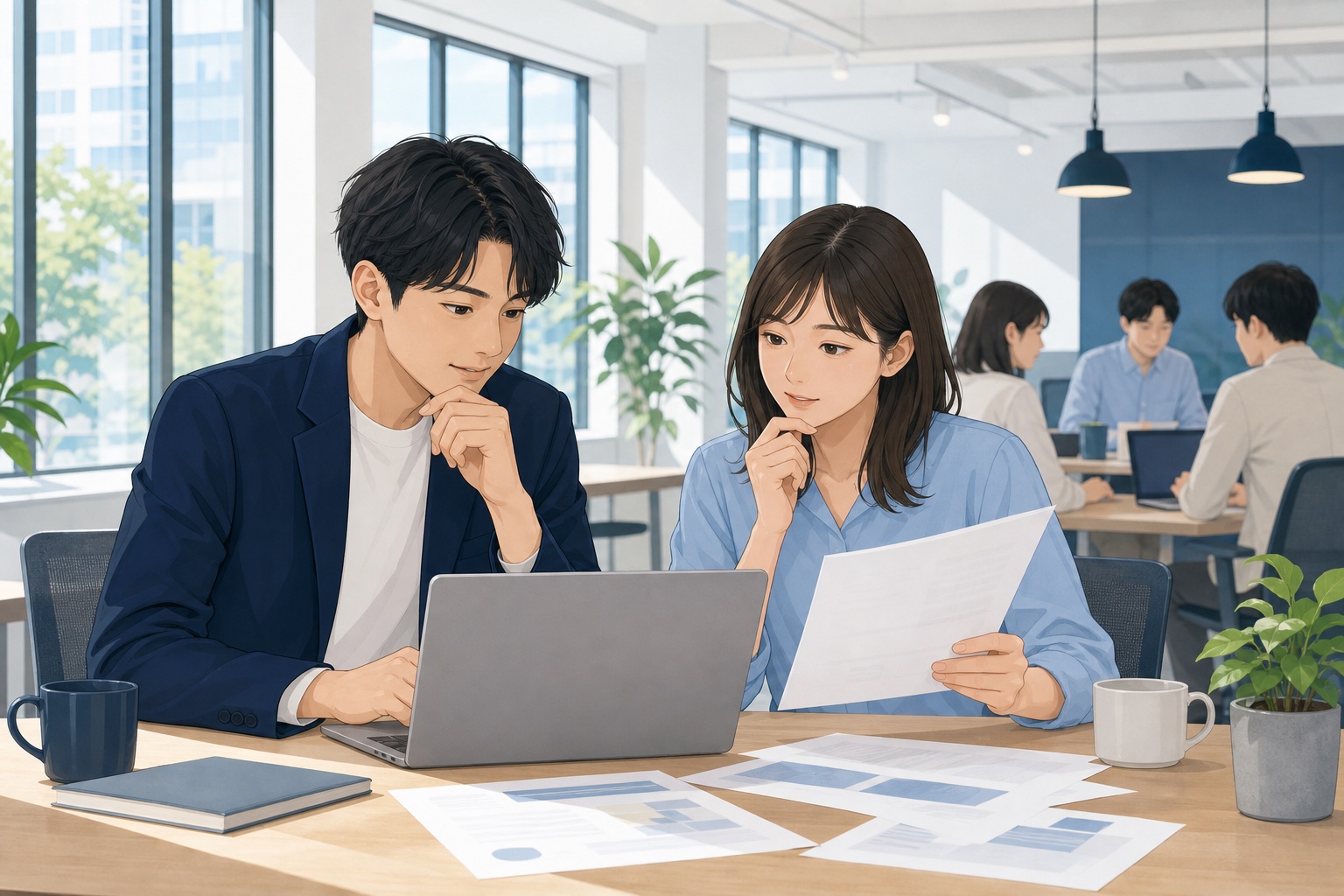 20代の男女がノートパソコンと資料を見比べながら離職率のデータを確認している様子