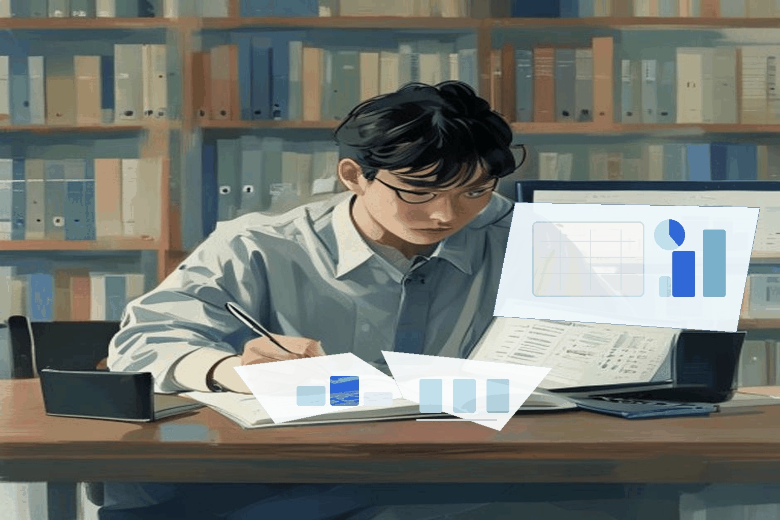 就活準備をする学生が図書館で企業の決算資料らしき書類を見ながら真剣にメモを取っている様子のイラスト