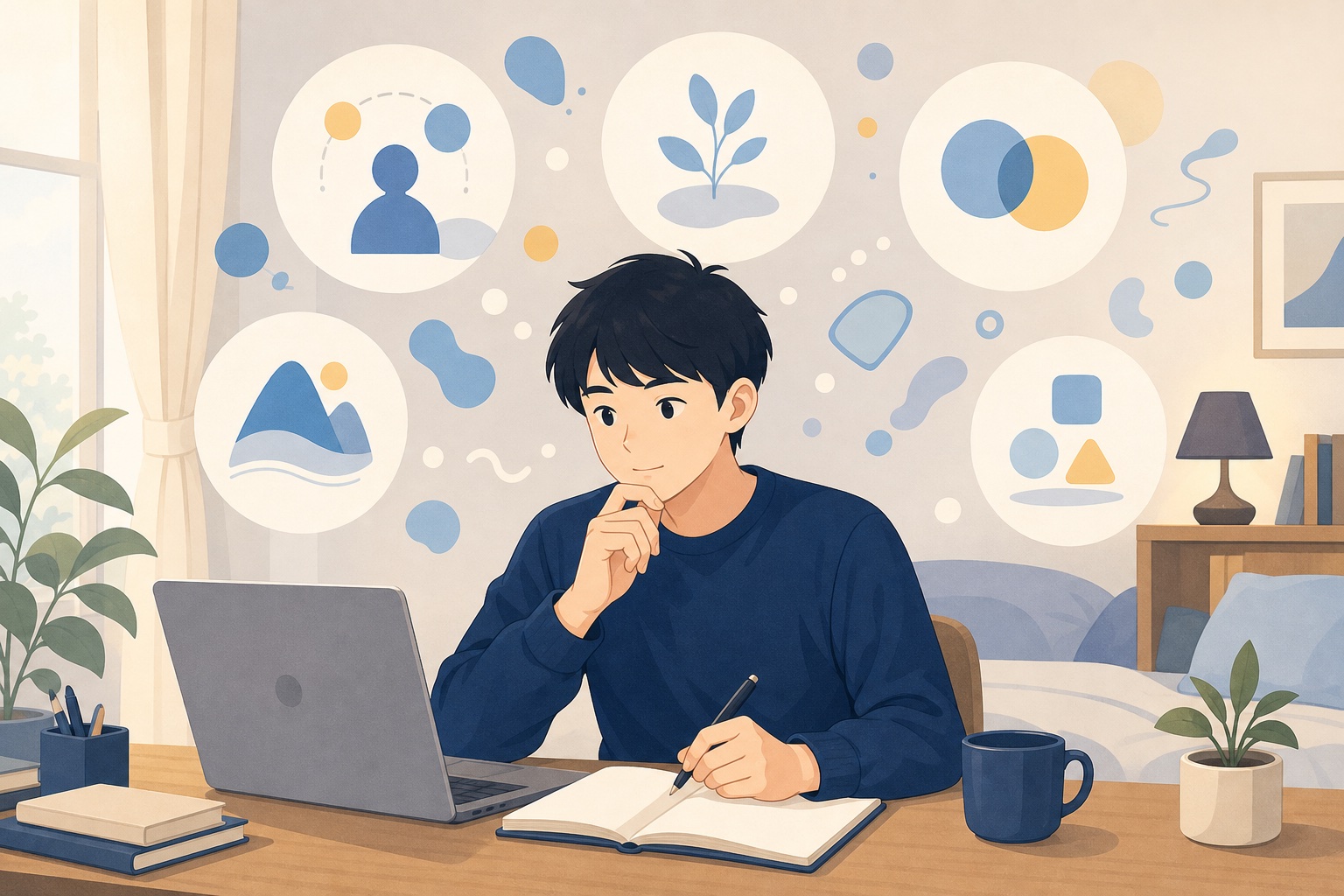 就活生がノートパソコンとノートを広げ自己分析をしている様子のイラスト