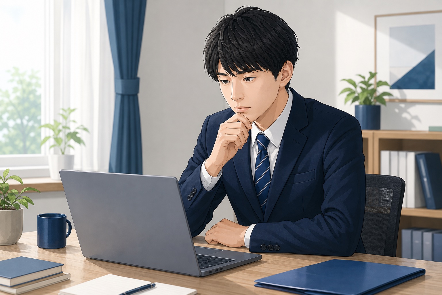 リクルートスーツ姿の就活生がノートパソコンで企業研究をしながら考え込んでいる様子のイラスト