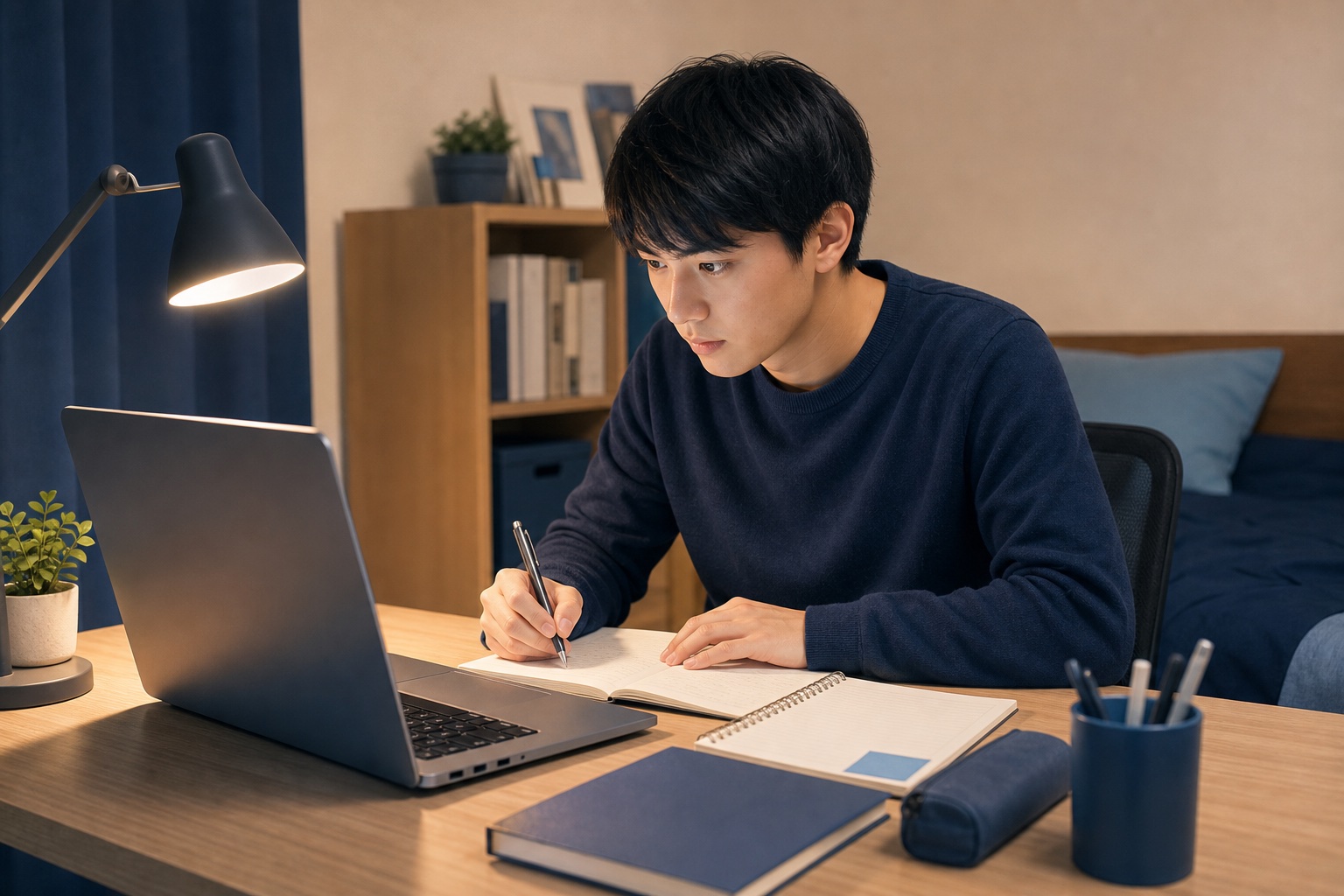 就活生が自室でノートパソコンと採用サイトを見比べながら企業理念についてノートにメモを取っている様子