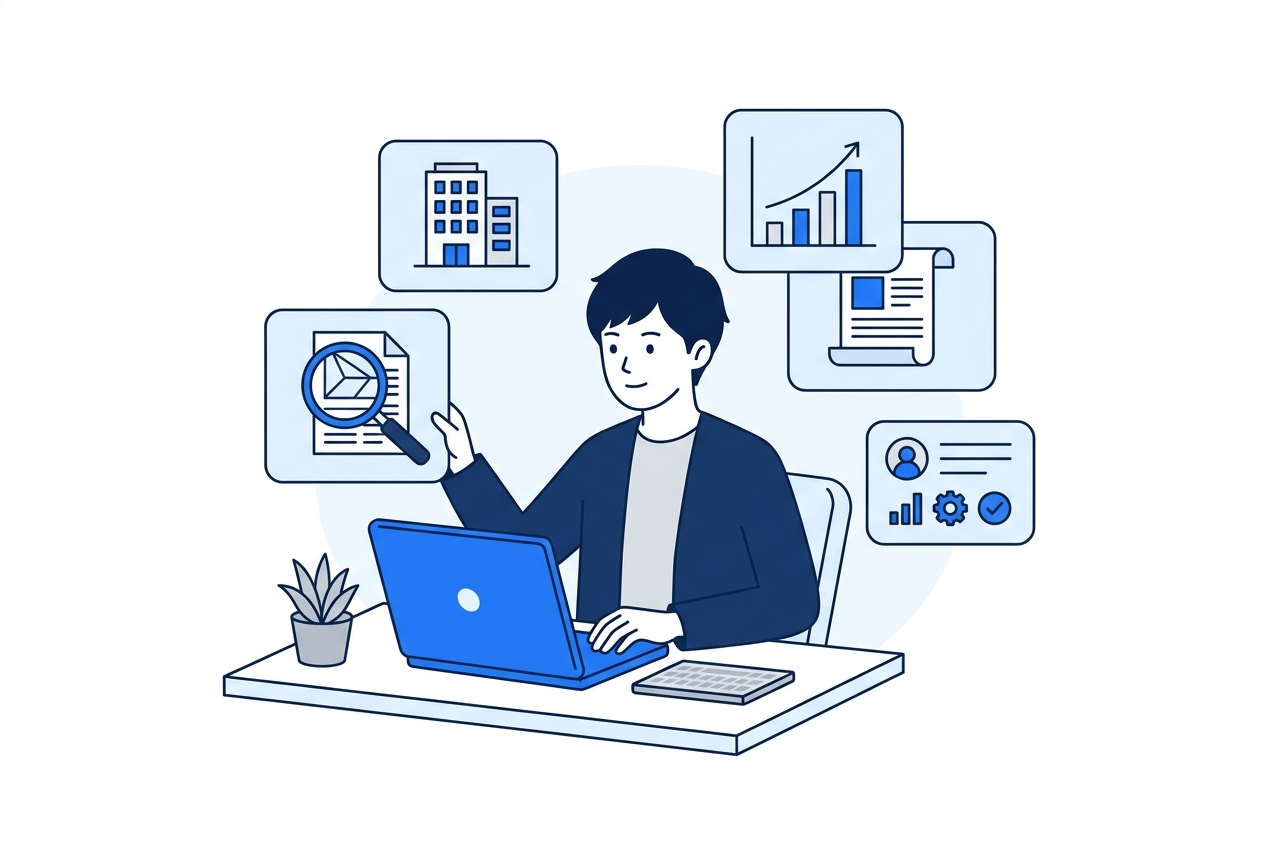 複数の情報源を読み比べて企業研究をする求職者のイラスト