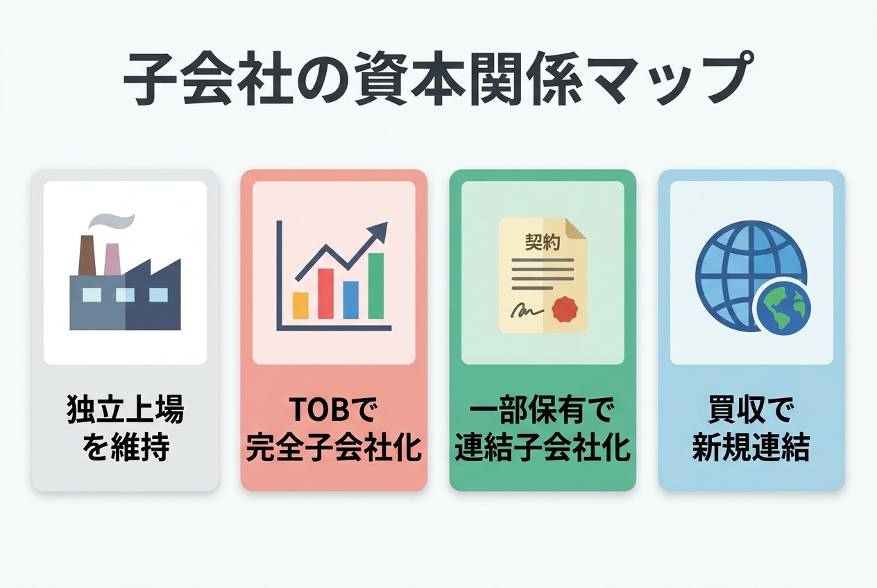 日本製鉄グループの子会社を資本関係で分類したインフォグラフィック(独立上場維持・TOBで完全子会社化・一部保有で連結子会社化・買収で新規連結の4タイプ)