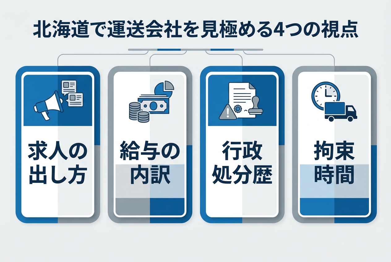 北海道で運送会社を見極める4つの視点(求人の出し方・給与の内訳・行政処分歴・拘束時間)を示すインフォグラフィック