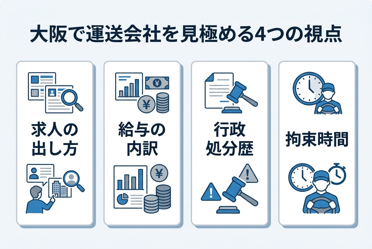大阪で運送会社を見極める4つの視点(求人の出し方・給与の内訳・行政処分歴・拘束時間)を示すインフォグラフィック