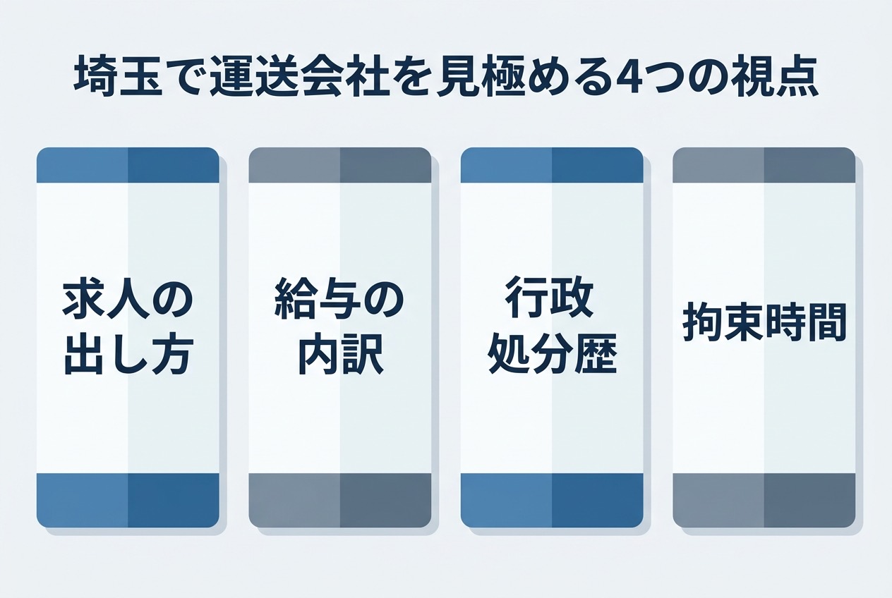 埼玉で運送会社を見極める4つの視点(求人の出し方・給与の内訳・行政処分歴・拘束時間)を示すインフォグラフィック