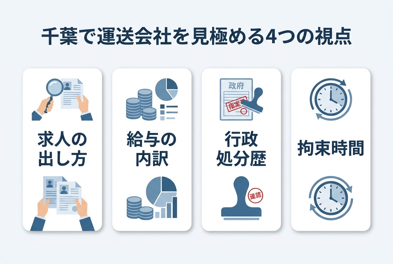 千葉で運送会社を見極める4つの視点(求人の出し方・給与の内訳・行政処分歴・拘束時間)を示すインフォグラフィック