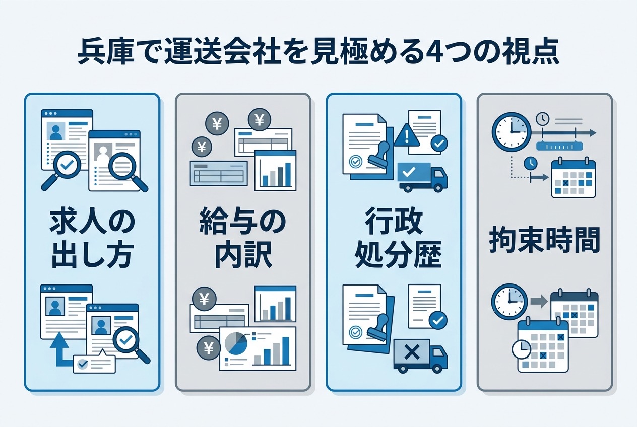 兵庫で運送会社を見極める4つの視点(求人の出し方・給与の内訳・行政処分歴・拘束時間)を示すインフォグラフィック