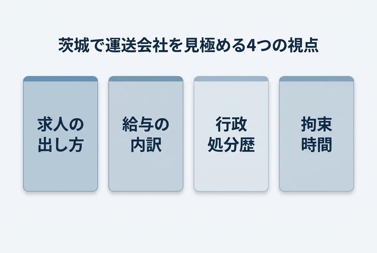 茨城で運送会社を見極める4つの視点(求人の出し方・給与の内訳・行政処分歴・拘束時間)を示すインフォグラフィック