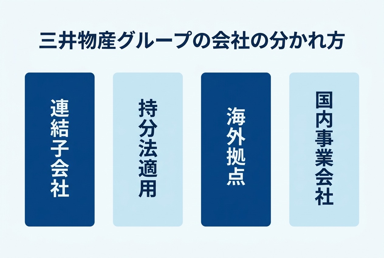 三井物産グループの会社を連結子会社・持分法適用・海外拠点・国内事業会社の4タイプに分けたインフォグラフィック