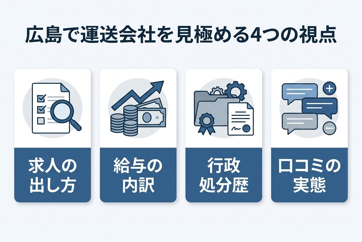 広島で運送会社を見極める4つの視点(求人の出し方・給与の内訳・行政処分歴・口コミの実態)を示すインフォグラフィック