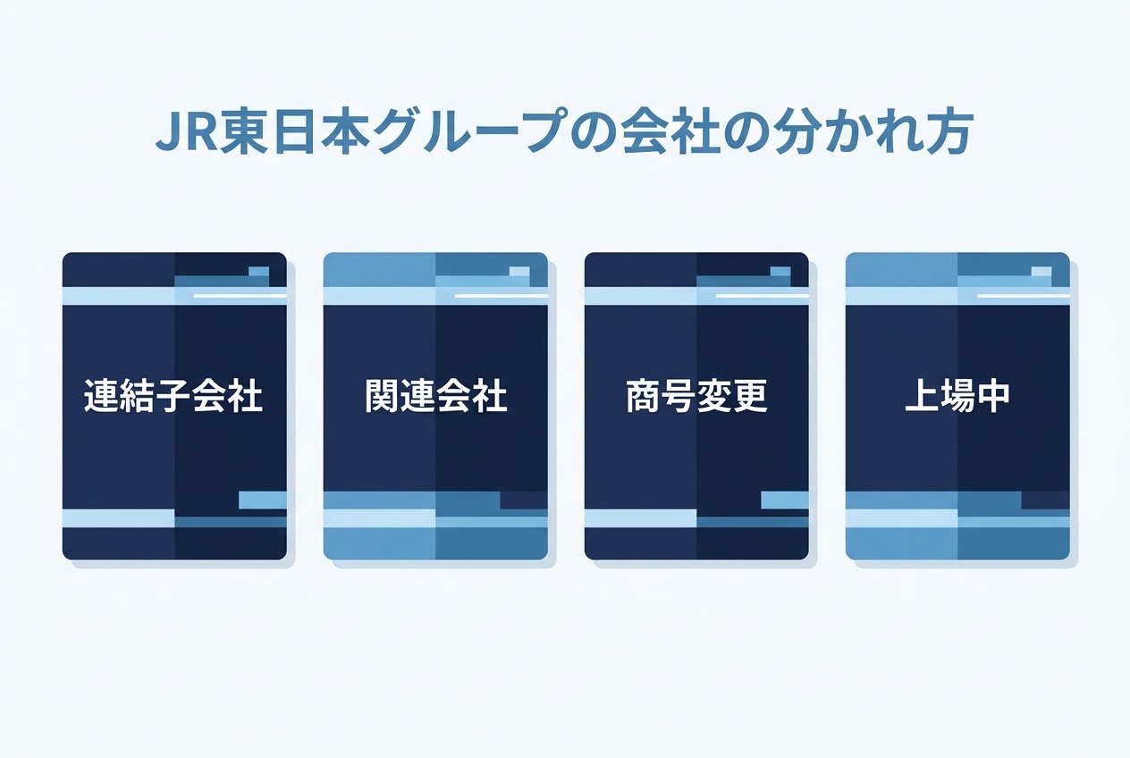 JR東日本グループの会社を連結子会社・関連会社・商号変更・上場中の4タイプに分けたインフォグラフィック