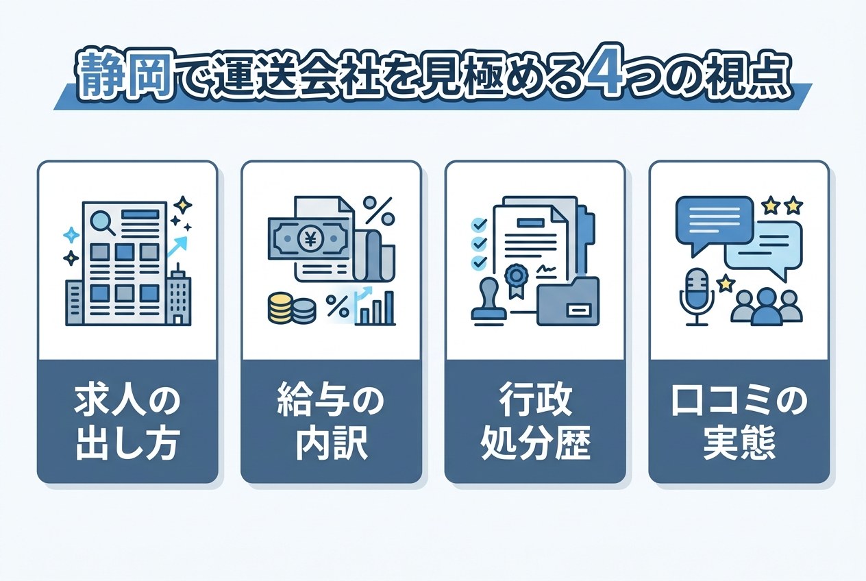 静岡で運送会社を見極める4つの視点(求人の出し方・給与の内訳・行政処分歴・口コミの実態)を示すインフォグラフィック