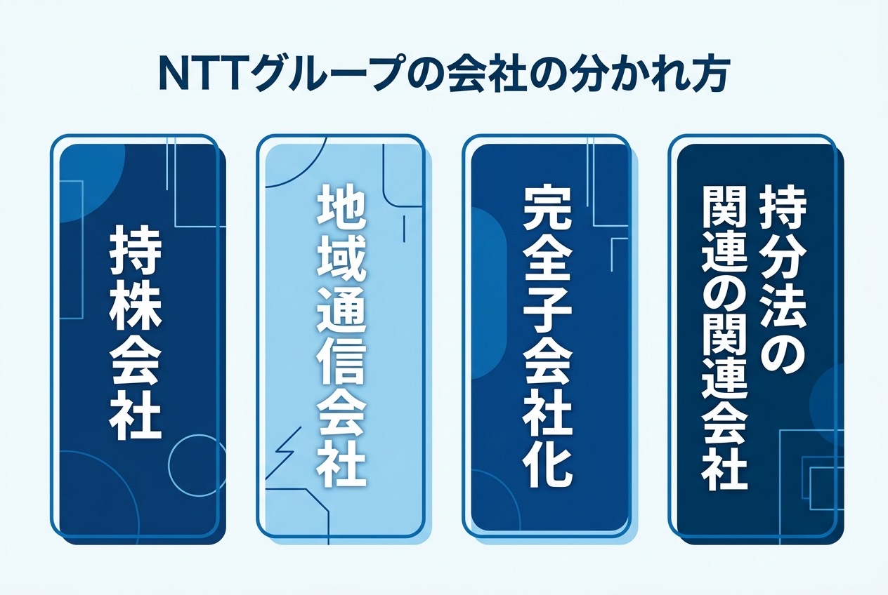 NTTグループの会社を持株会社・地域通信会社・完全子会社化・持分法の関連会社の4タイプに分けたインフォグラフィック
