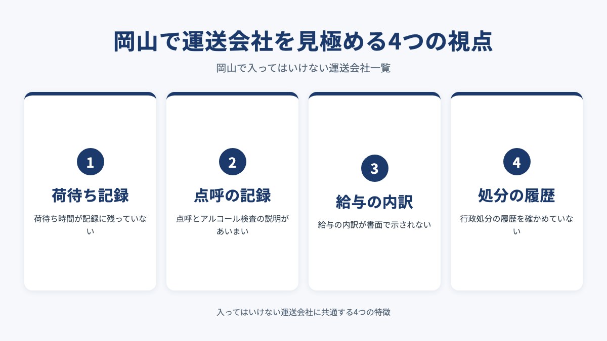 岡山で運送会社を見極める4つの視点を示した図(荷待ち記録・点呼の記録・給与の内訳・処分の履歴)