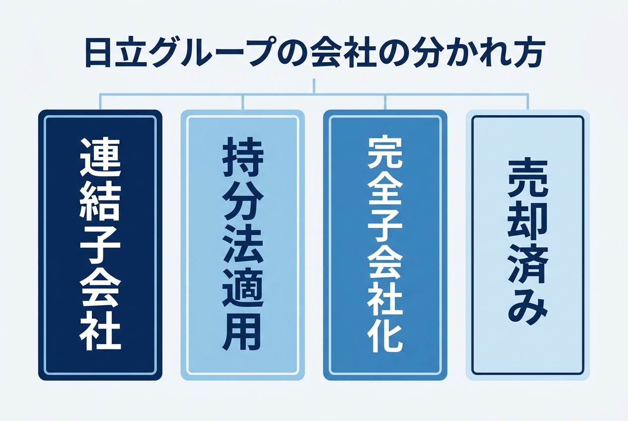 日立グループの会社を連結子会社・持分法適用・完全子会社化・売却済みの4タイプに分けたインフォグラフィック