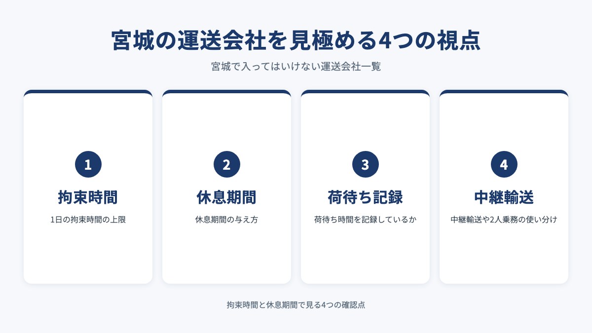 宮城の運送会社を見極める4つの視点を示した図（拘束時間・休息期間・荷待ち記録・中継輸送）
