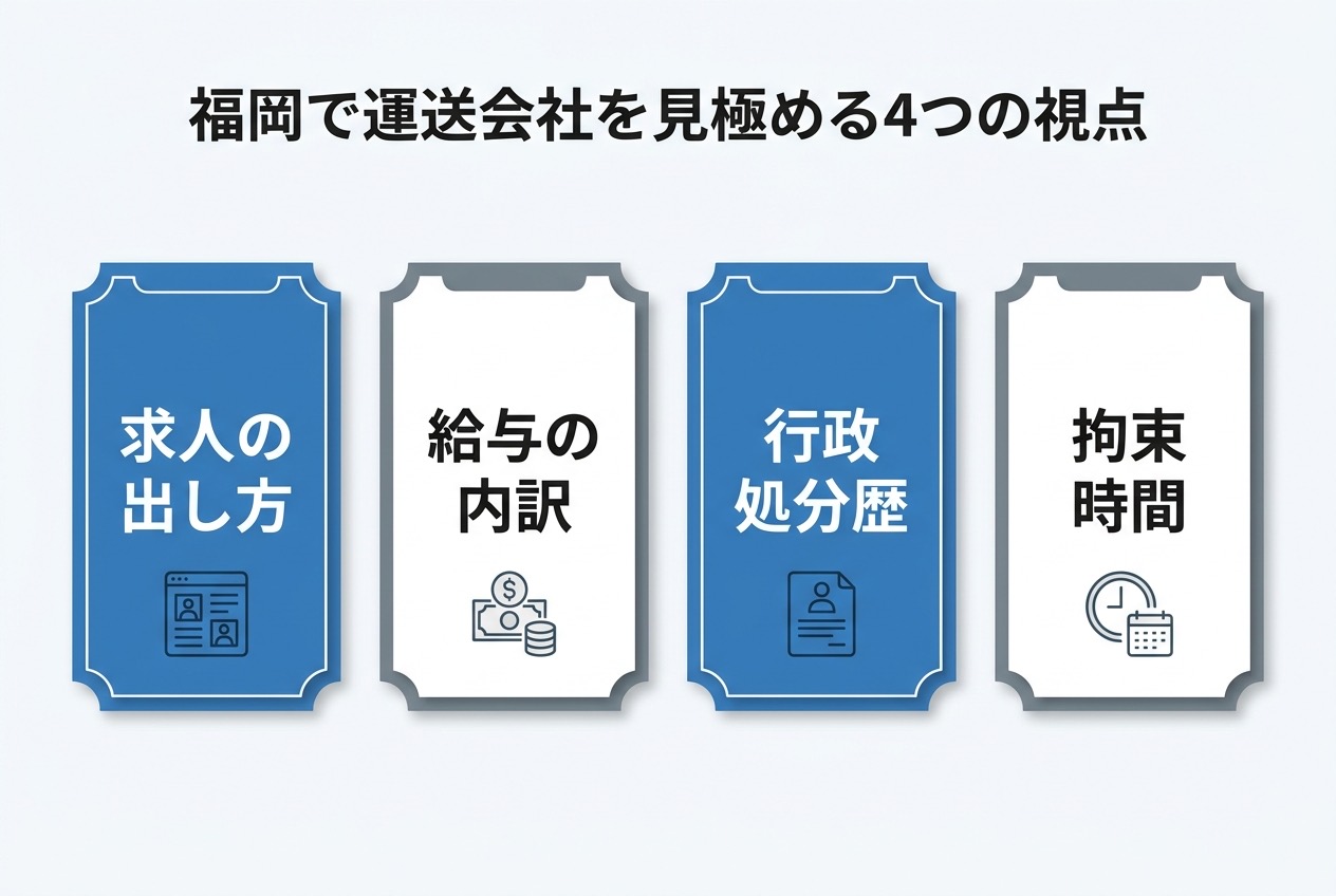 福岡で運送会社を見極める4つの視点(求人の出し方・給与の内訳・行政処分歴・拘束時間)を示すインフォグラフィック