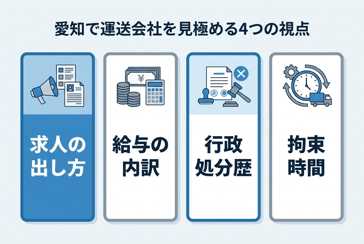 愛知で運送会社を見極める4つの視点(求人の出し方・給与の内訳・行政処分歴・拘束時間)を示すインフォグラフィック