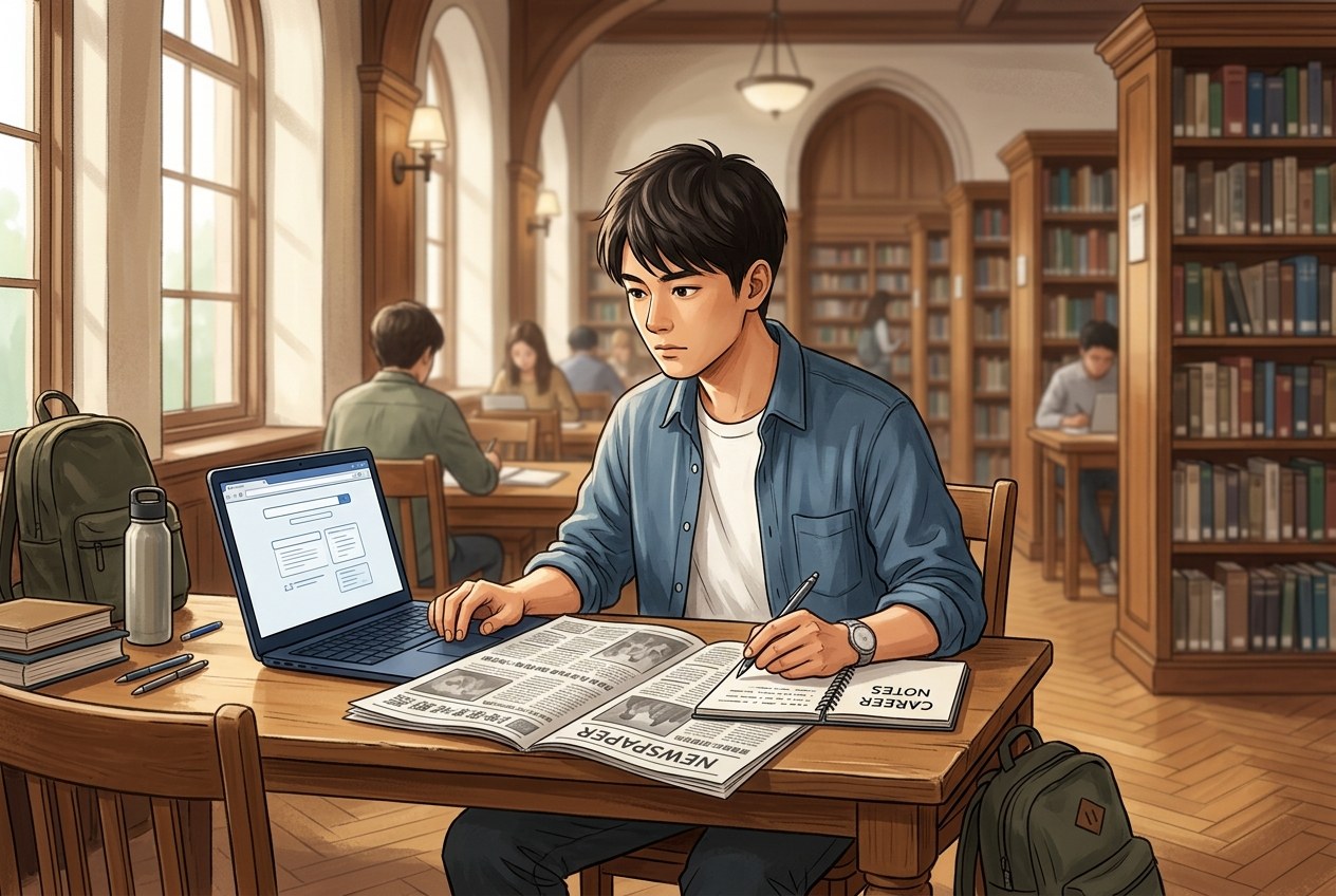 大学図書館でノートパソコンと新聞を見比べながら企業研究をする就活生の様子のイラスト
