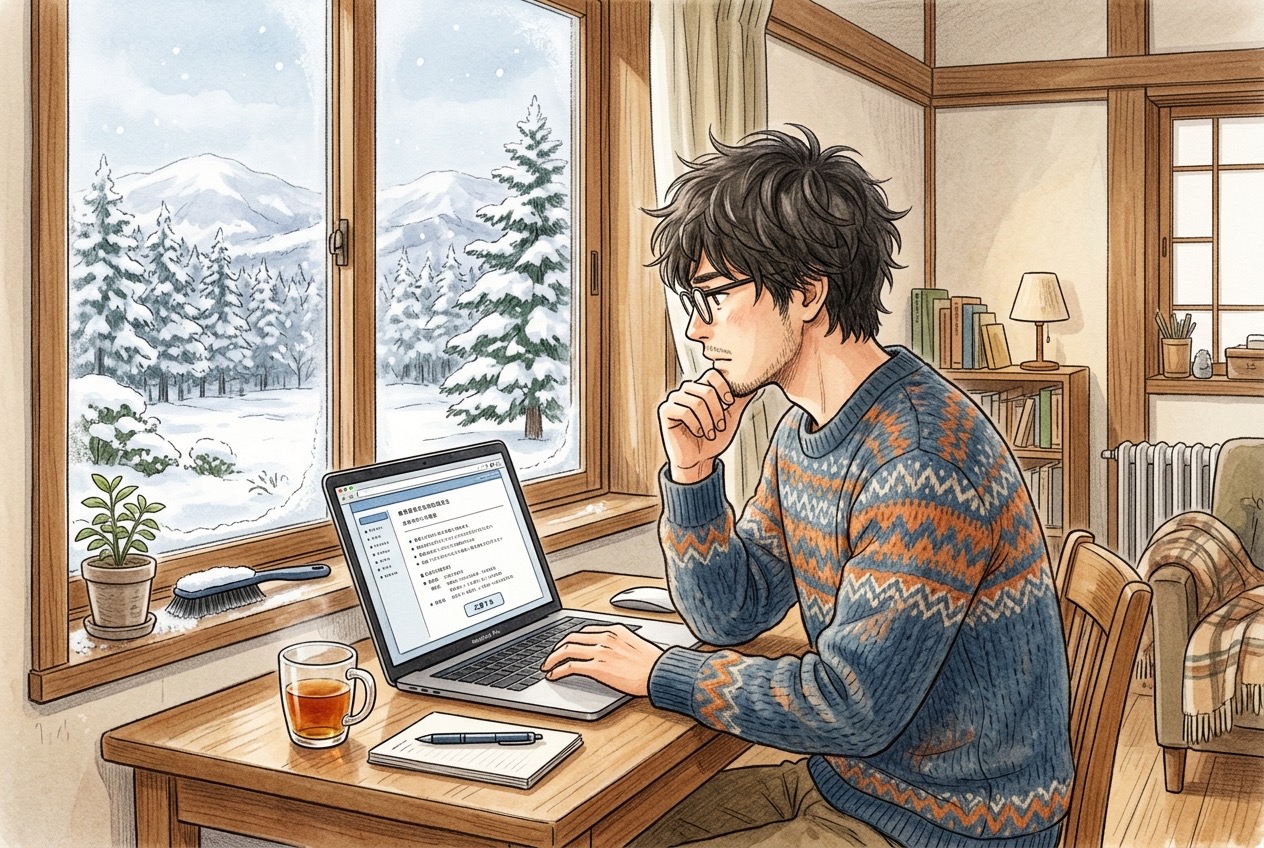 雪景色の窓辺でノートパソコンの運送会社の求人票を見ながら考え込む男性のイラスト