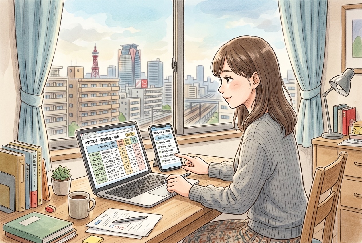 大阪の自宅でノートパソコンとスマートフォンを使い運送会社の求人条件を比べる女性のイラスト