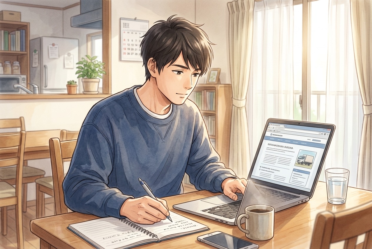 自宅の食卓でノートパソコンの運送会社の求人情報を確認しながらメモを取る男性のイラスト