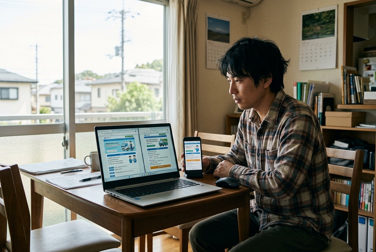 自宅でノートパソコンとスマートフォンを並べ複数の運送会社の求人を見比べる男性のイラスト