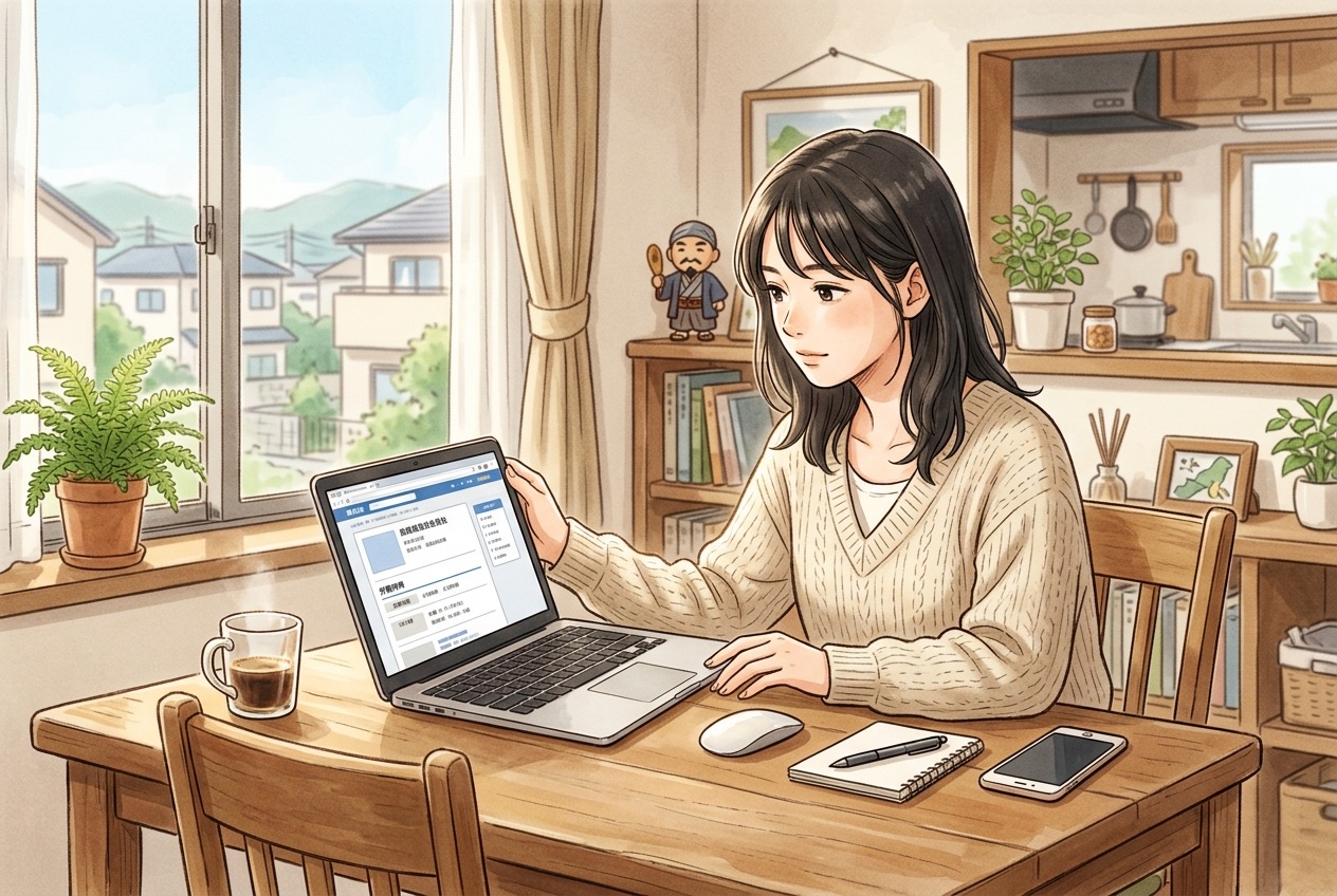 自宅でノートパソコンを開き運送会社の求人票の労働時間の欄を確認する女性のイラスト