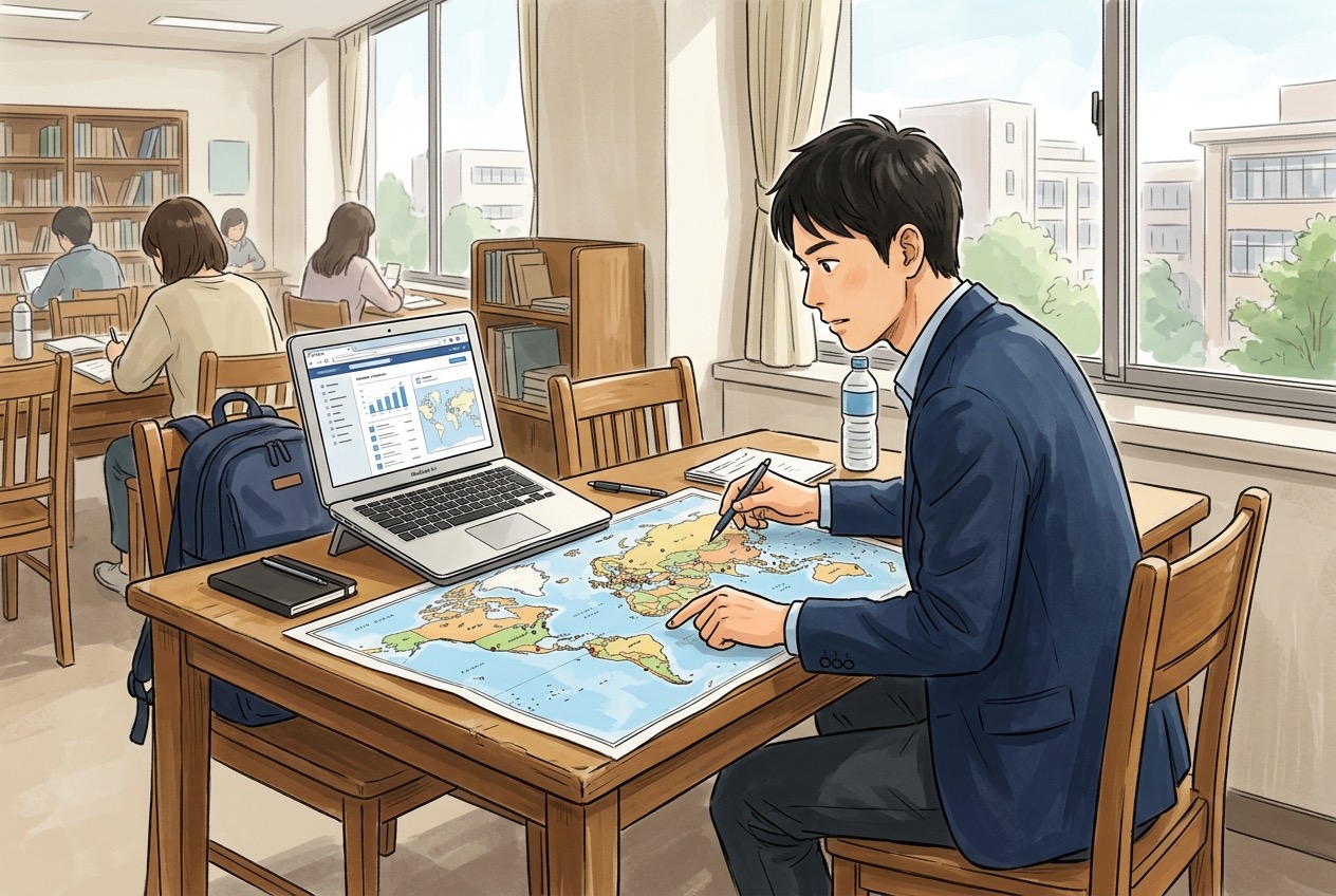 大学の自習室でノートパソコンの海外拠点一覧と地図を見比べる就活生のイラスト