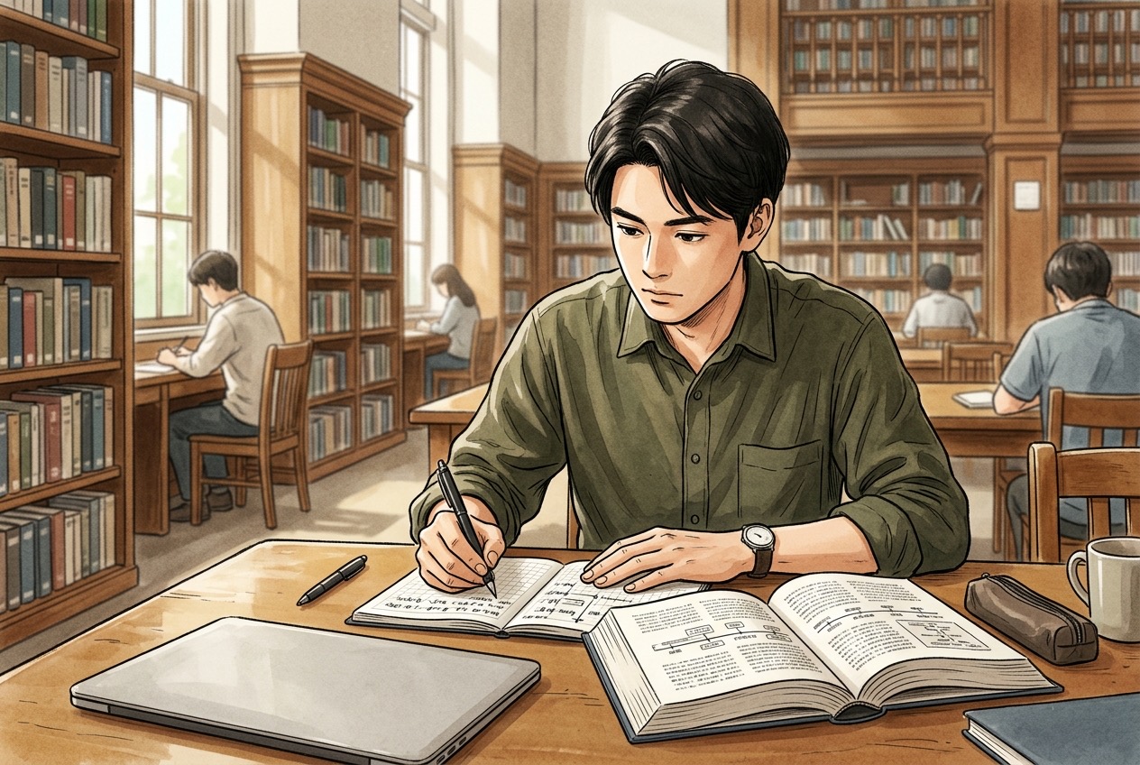 図書館で企業の沿革資料を開きノートに年表を書き写す就活生のイラスト