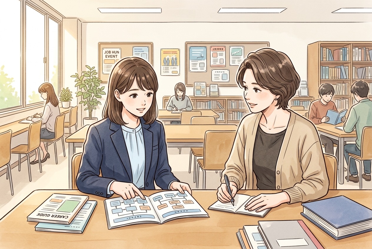 大学のキャリアセンターで職員に企業のグループ構成を相談する就活生のイラスト