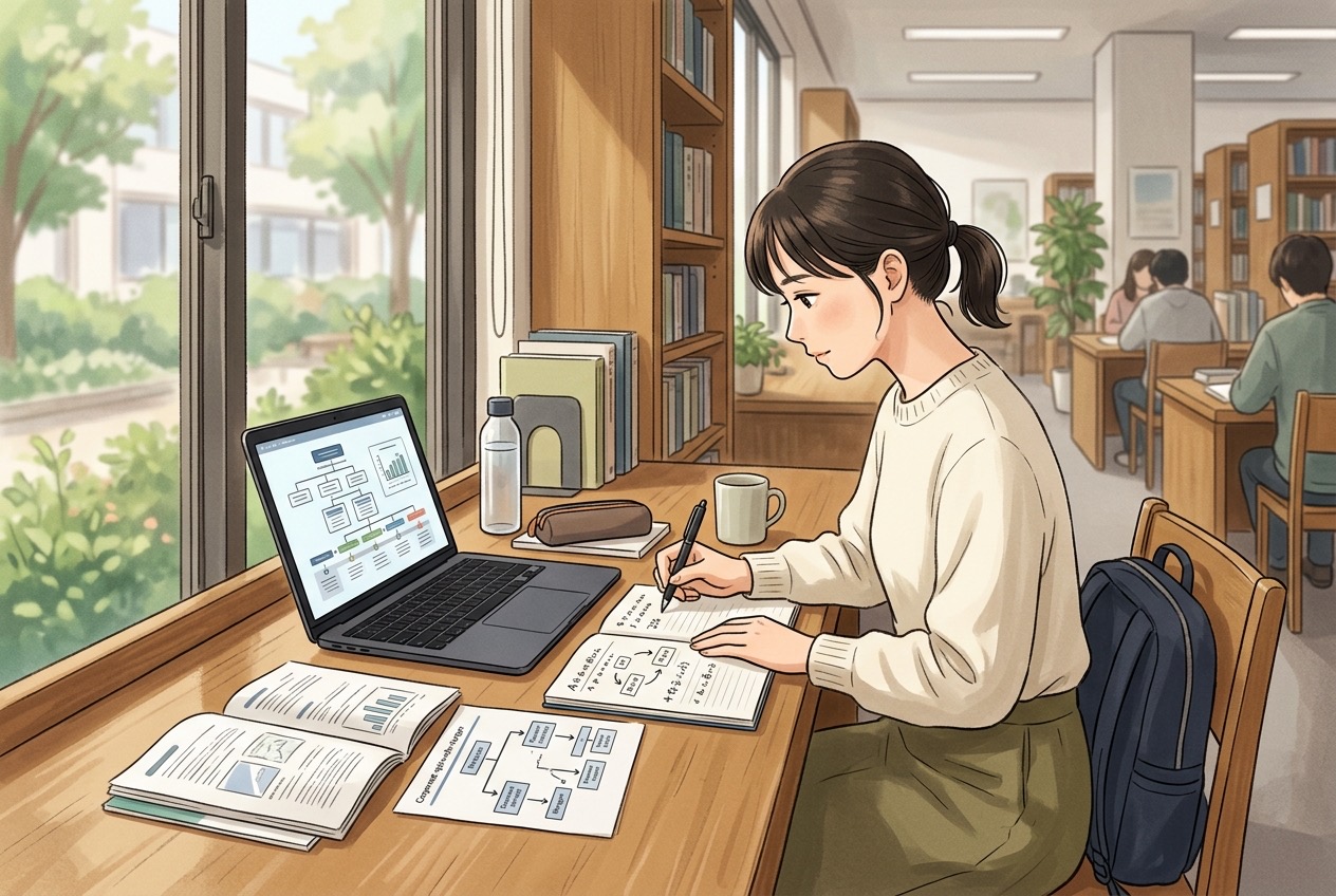 大学の図書館でノートパソコンと紙の資料を見比べ企業の再編の経緯を書き出す就活生のイラスト