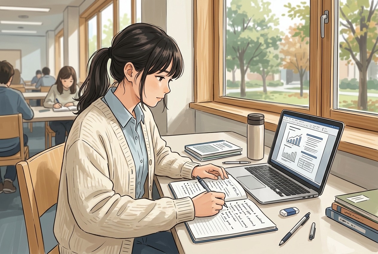 大学の自習スペースでノートパソコンの企業の開示資料を読みながら要点をノートにまとめる就活生のイラスト