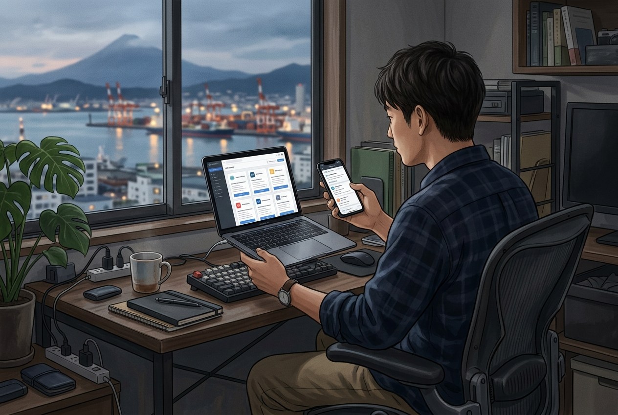 静岡の求人情報をノートパソコンとスマートフォンで見比べながら考える男性の後ろ姿