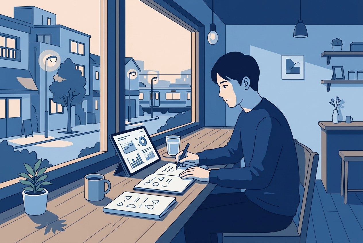 電通グループ子会社ランキングについて公開されている情報を確かめている場面のイラスト