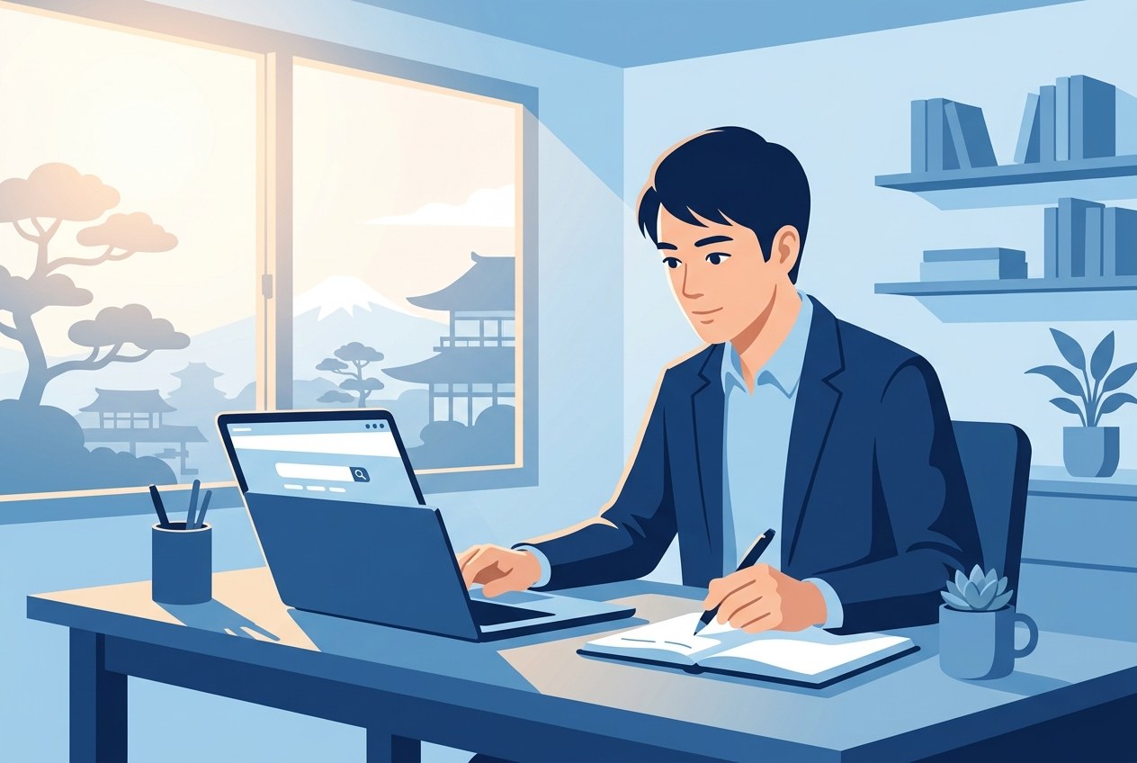 不動産業界のホワイト企業の見分け方について公開されている情報を確かめている場面のイラスト