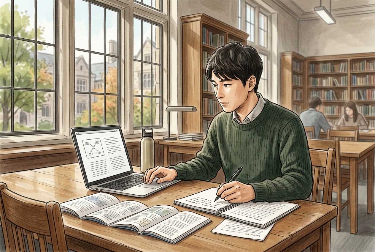 大学図書館でノートパソコンと資料を見比べながら企業のグループ構成をメモする就活生のイラスト