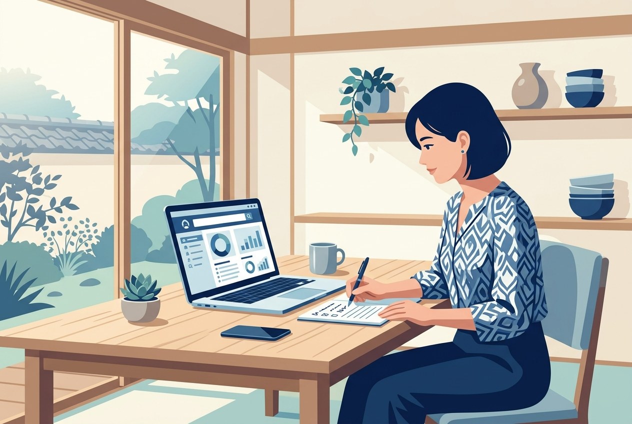 ホワイトな人材派遣会社の選び方について公開されている情報を確かめている場面のイラスト
