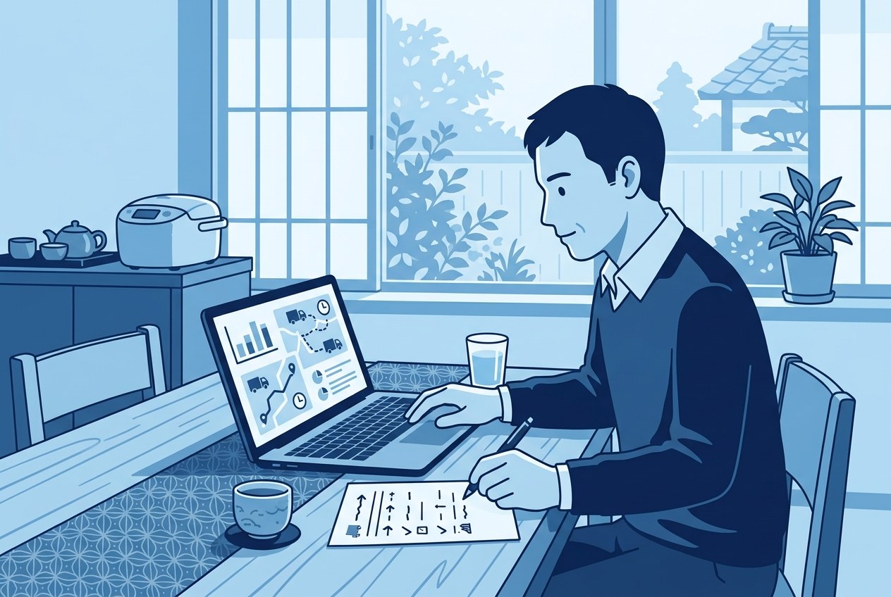 群馬で入ってはいけない運送会社一覧について公開されている情報を確かめている場面のイラスト