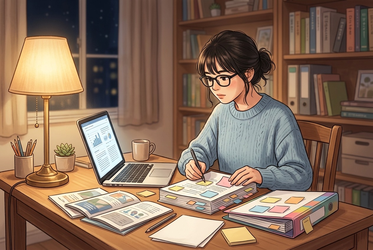 自宅の書斎で企業グループの資料に付箋を貼りながら整理する就活生のイラスト