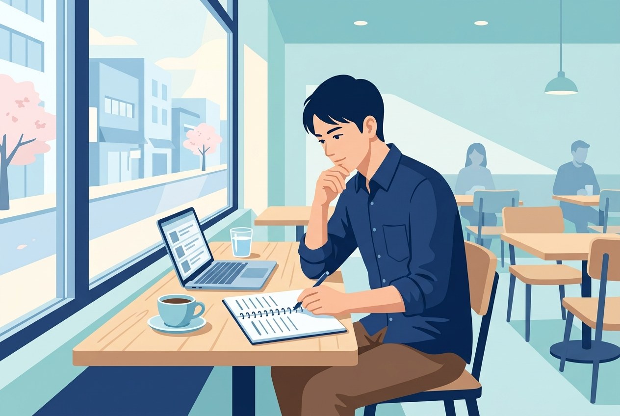 飲食業界のホワイト企業の見分け方について公開されている情報を確かめている場面のイラスト