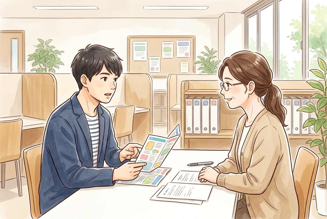 大学のキャリアセンターで職員に企業グループについて質問する就活生のイラスト