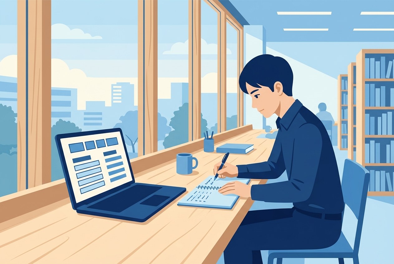 旅行業界のホワイト企業の見分け方について公開されている情報を確かめている場面のイラスト