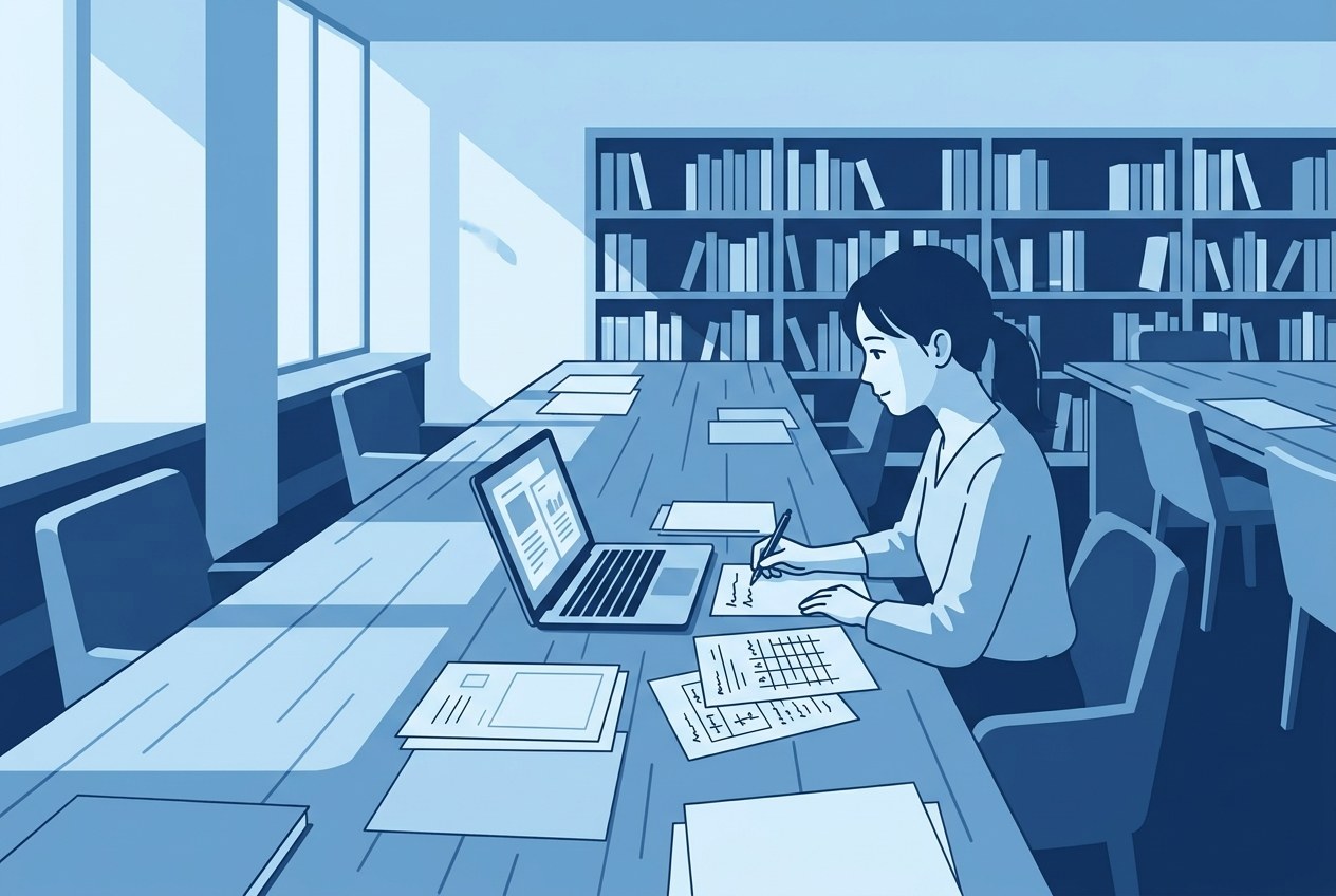 銀行のホワイト企業の見分け方について公開されている情報を確かめている場面のイラスト
