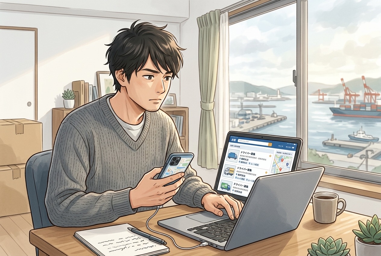 福岡の自宅でノートパソコンとスマートフォンを見比べながら運送会社の求人を検討する男性のイラスト